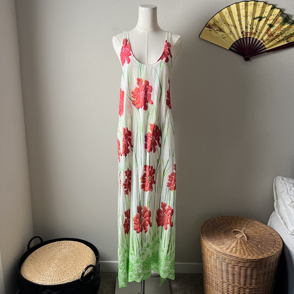 vintage hawaiian floral handprinted summer beach cover up maxi dress